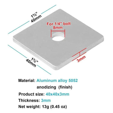 Premium aluminum flat square washer plates for 1-5/8 inch strut channels and 1/4 inch bolts, featuring a 3 mm thick, 40 mm outer size with 8 mm holes, anodized for durable, corrosion resistant solar panel mounting