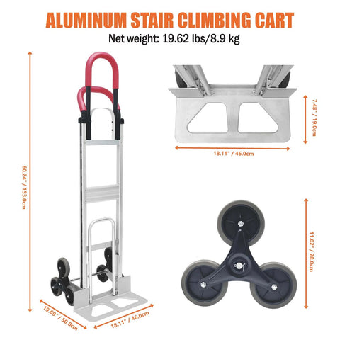 Aluminum Stair Climbing Cart, 600 lbs Capacity Stair Climber Hand Truck Dolly with 2 Handles, 6 Wheels, dimensions shown