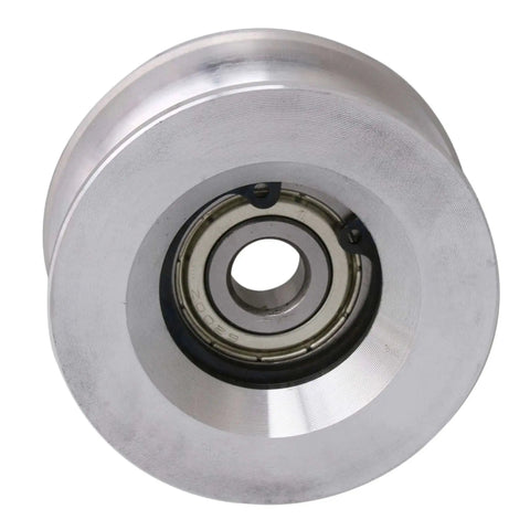 Front view of 60mm Diameter 25mm High Passive Round Guide Pulley Wheel Made Of Aluminum And Bearing Steel With 10mm Groove Radius