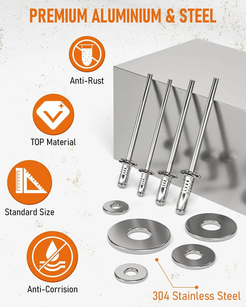 Premium 1000PCS Aluminum Pop Rivets Assortment Kit with 304 Stainless Steel Backup Washers, Anti-Rust and Anti-Corrosion Features