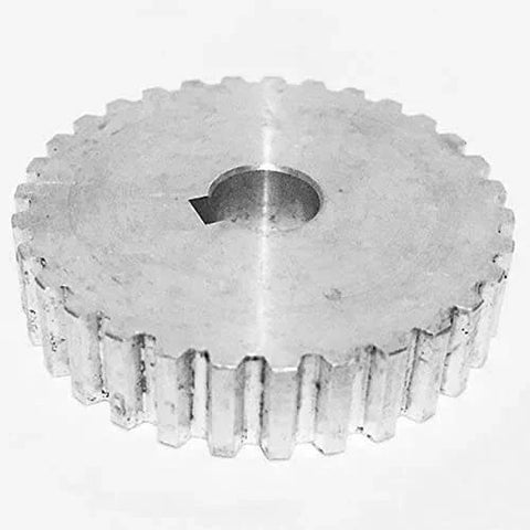 Close-up of a silver aluminum gear from the 2 Pcs Metal Synchronous Pulley Gear Set for Mini Lathe Drive Wheel, 8mm Bore, 10mm Shaft