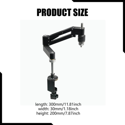 Aluminum Alloy Tapping Arm Cantilever Bracket With Universal Flexible Arm for Drilling and Threading, shown with size dimensions