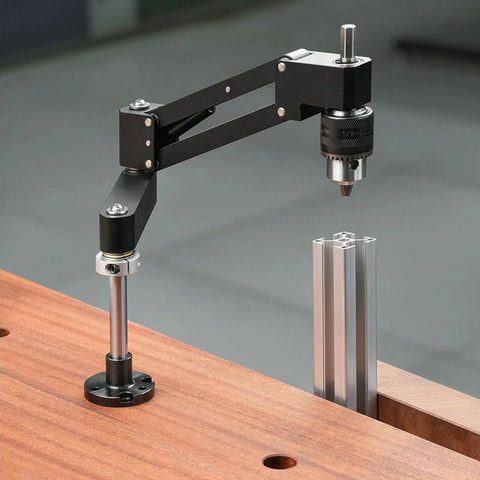 Dual Use Tapping Cantilever Bracket Aluminum Alloy Mount for CNC Machines, 130mm Stroke, 0 to 44mm Clamp Range, mounted on table