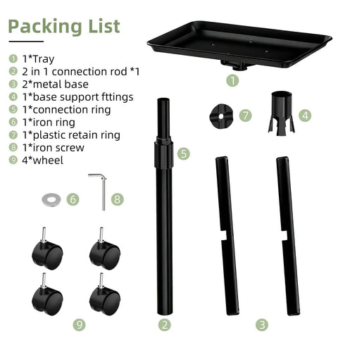 Packing list for Premium Aluminum Tattoo Tray On Wheels For Salons And Clinics, 36 Inch Rolling Service Cart, components assembly