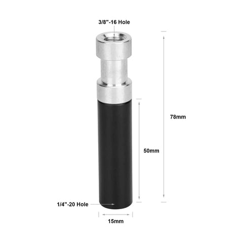 Aluminum 1/4-20 To 3/8-16 Thread Hole Adapter With 15mm Rod For Camera Rig, 78mm total length, showing thread sizes and rod diameter.