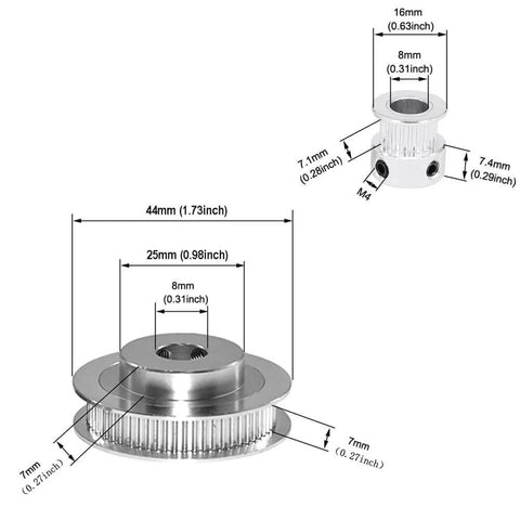 Diagram showing dimensions of aluminum pulley wheels with measurements in mm and inches, highlighting small mechanical parts.