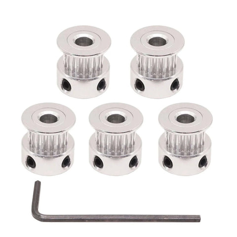Set of five aluminum timing pulleys with Allen key for precise adjustments and assembly setups in machinery and equipment.