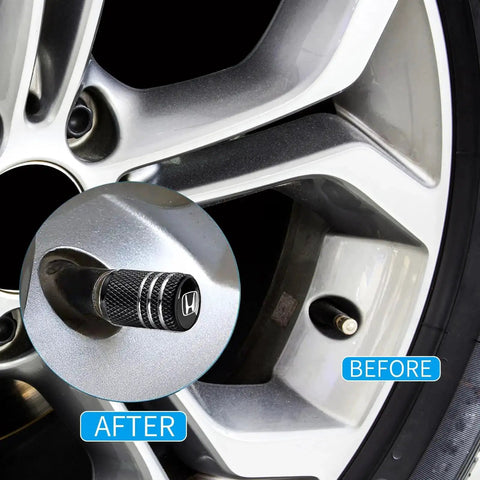 Aluminum Alloy Tire Valve Stem Caps 4 Pack Black, Anodized Finish, on vehicle wheel, before and after installation view.