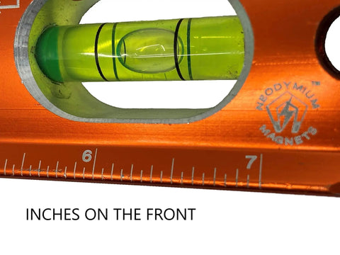 Close-up of Savage Lightning Aluminum Torpedo Magnetic Illuminated Level Nine Inch with vial and measurement markings visible.