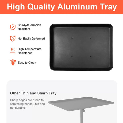 Top view of black aluminum tray features sturdy, corrosion-resistant material, highlighted for the salon tray cart use in the image.
