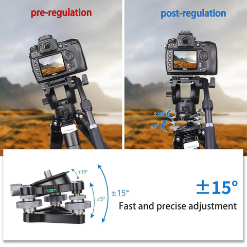 Effortlessly level a camera on uneven ground with this aluminum three legged leveling base, offering plus or minus five degrees tilt.