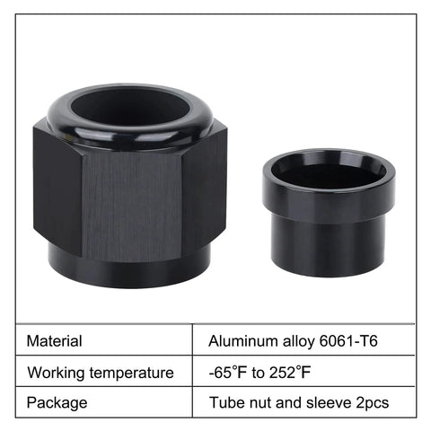 6AN Three Eighths Inch Female Hardline Tube Nut and Sleeve Aluminum Fitting for Three Eighths Inch OD Alloy Tubing Two Piece Set