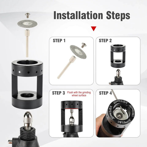 Installation steps for Aluminum Tungsten Electrode Sharpener Grinder Head For TIG Welding with diamond wheels and connecting rods.