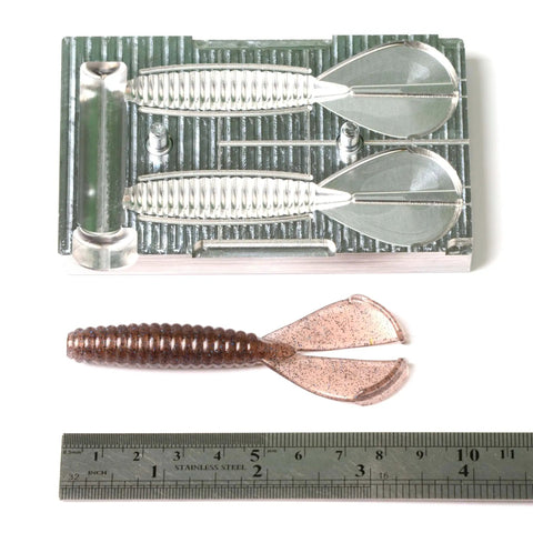 Soft Plastic Lure Injection Mold Twin Tail Menace 3.4 Inch Aluminum Two Cavity For Durable Bait Making with plastisol lure and ruler.