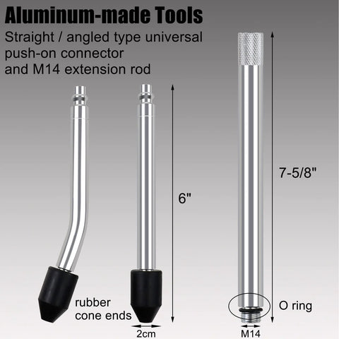 YSTOOL aluminum cylinder leak-down tester kit with dual push-on rods and M14 extension rod, rubber cone ends