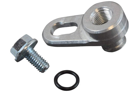 ICT Billet aluminum vacuum port adapter; 1/8 NPT hose port with mounting bolt and O-ring.