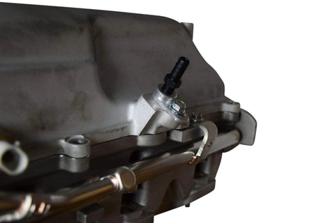 ICT Billet vacuum port adapter, aluminum, 1/8 NPT hose fitting, mounted on Holley High-Ram intake MAP