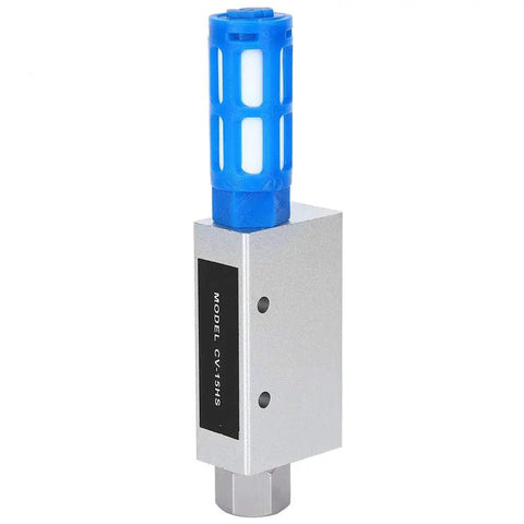 Compact Aluminum Alloy Venturi Vacuum Ejector CV 15HS for RP1 quarter diameter inlets with blue top, side view.