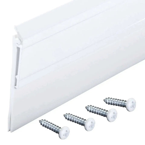 All Season Door Sweep For Heavy Duty Aluminum And Vinyl Seals Bottom Gaps Keeps Indoor Comfort And Energy Use Low Great For Home And Commercial Doors Easy Installation 36 Inch White, included screws close-up