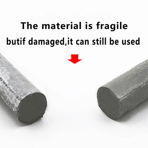 Close-up of two aluminum welding rods showing fragility, labeled 12Pcs Low Temperature Aluminum Welding Rods With Built In Flux For Quick Repairs.