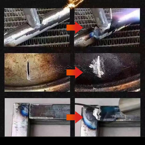 Demonstration of Six Piece Low Temperature Aluminum Welding Rod Set For Easy Melt And Universal Arc Welding Of Aluminum Alloys No Fuss For DIY Projects And Metal Repair For Best Results in use on various metal repairs.