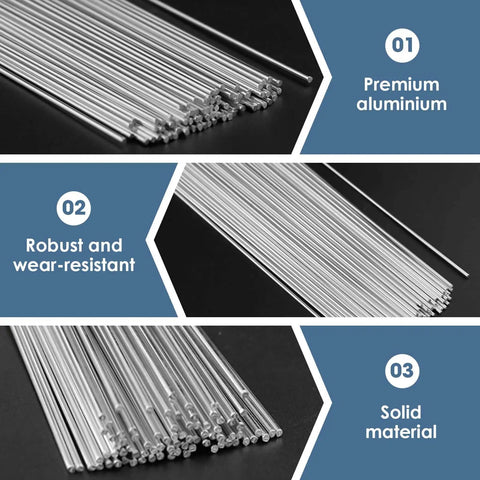 Pro Grade Aluminum Welding Rods Set, 30 pieces, showcasing premium aluminum, robust and wear-resistant, solid material for welding.