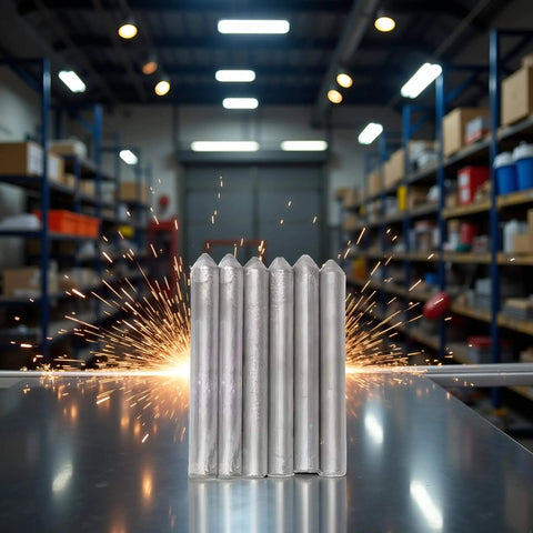 6 Piece Low Temperature Universal Welding Rods Set for Aluminum and Metals with sparks in a workshop