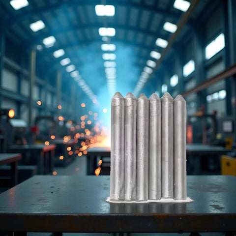 6 Piece Low Temperature Universal Welding Rods Set for Aluminum and Metals on workbench in industrial setting