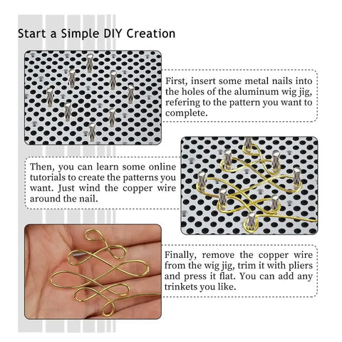 Aluminum Wire Bending Jig For Jewelry Making And Wire Wrapping with metal pins, wire patterns, and instructions for creative designs