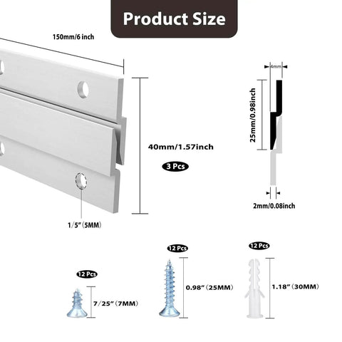 Heavy Duty Aluminum Z Hanger Wall Mount Kit For Picture Frames And Artwork With Hidden Bracket Clips French Cleat Style Hanging Hardware For Mirrors Cabinets Paintings Whiteboards Up To 60 Lbs 6 Inch Pack Of 3 Pairs dimensions and screws