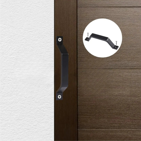 Aluminum Alloy Barn Door Handles Set 6.1 Inch Sliding Door Pull Hardware installed on wooden door, includes mounting screws.