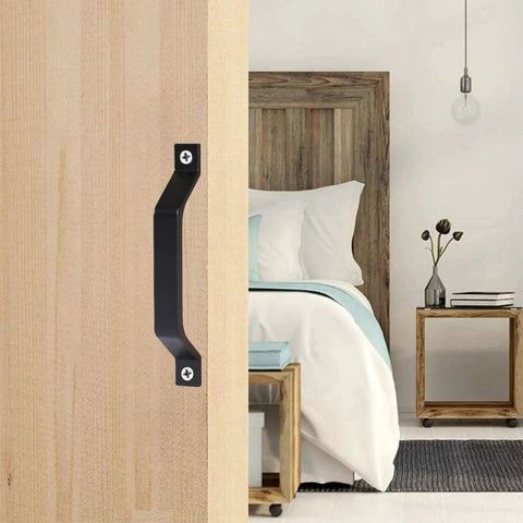 Aluminum Alloy Barn Door Handles Set 6.1 Inch Sliding Door Pull Hardware installed on wooden sliding door in bedroom view.