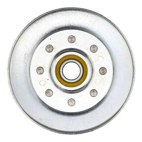 OEM Sheave Assembly AM147272 for John Deere lawn tractors, metal pulley front view showing bearings and bolt holes.