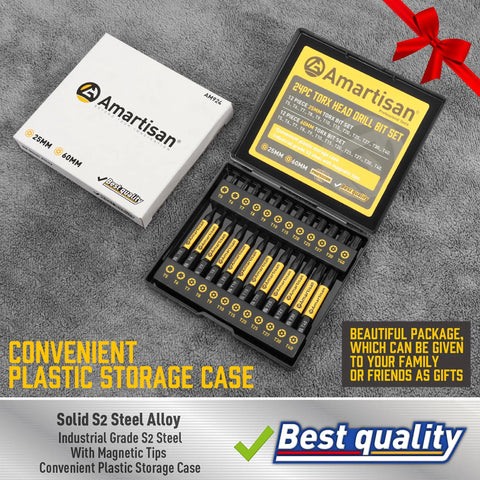 Open Torx Bit Set For Security And Tamper Resistant Fasteners 24 Piece S2 Steel Driver Bits In 1 Inch And 2 Point 3 Inch Lengths T5 Through T40 Durable Pro Grade Tool Kit Essential Amartisan in box.
