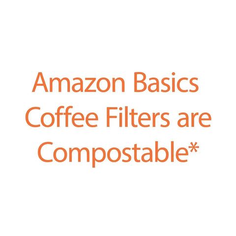 Text "Amazon Basics Coffee Filters are Compostable" in orange on white background.