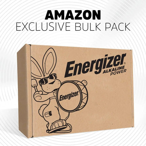 Energizer Alkaline Power batteries bulk pack cardboard box with logo and rabbit graphic