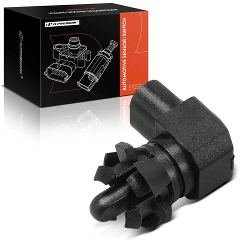 Ambient air temperature sensor, black plastic with connector, A-Premium, shown beside its packaging box.