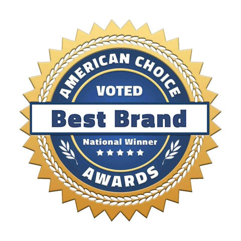 Blue and gold American Choice Awards badge for Best Brand, National Winner.