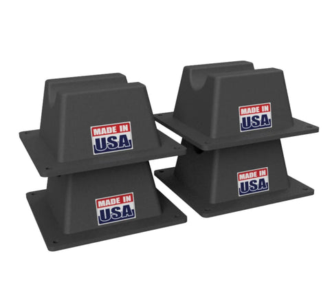 Four-pack of dark gray rooftop pipe supports, 6x6x3 in, plastic blocks with Made in USA label.