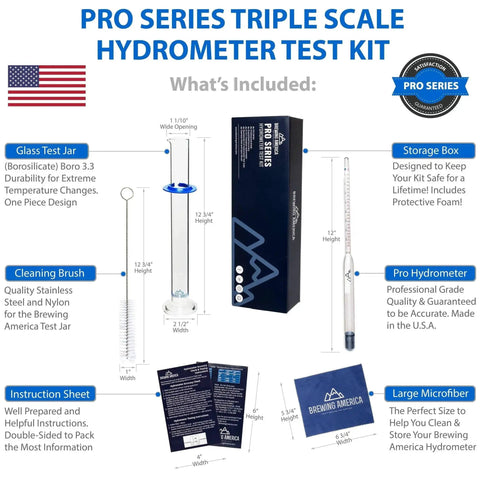 American Made Brewing Hydrometer Kit With NIST Traceable Triple Scale Specific Gravity ABV Tester Borosilicate Glass Test Tube Jar And Brush Pro Series For Beer And Wine USA Made showing included items like glass test jar, storage box, cleaning brush, pro hydrometer, instruction sheet, and microfiber cloth.