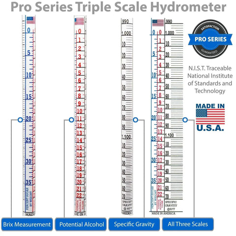 American Made Brewing Hydrometer Kit With NIST Traceable Triple Scale Specific Gravity ABV Tester scales and measurements USA