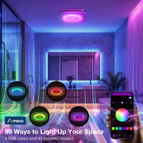 Bathroom Exhaust Fan With Bluetooth Speaker And Light, 110 CFM Quiet 1.0 Sone Shower Vent in a lit bathroom with RGB lighting