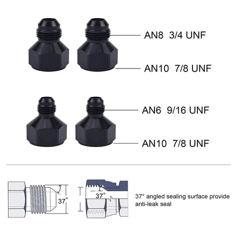 Four black aluminum AN fittings with sizes AN8 3/4 UNF, AN10 7/8 UNF, AN6 9/16 UNF, and AN10 7/8 UNF for universal 30 row oil cooler