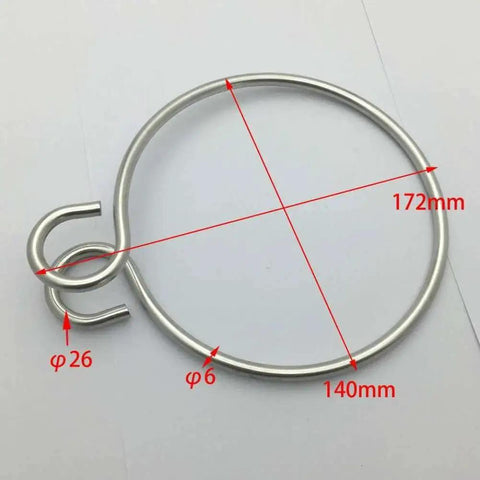 Front view of stainless steel anchor retrieval ring with curved hook-like end; 172 mm outer diameter, 6 mm wire.