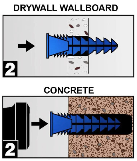 Plastic Drywall Anchors and Screws Kit 400 Piece Set with Ribbed Anchors showing installation in drywall and concrete