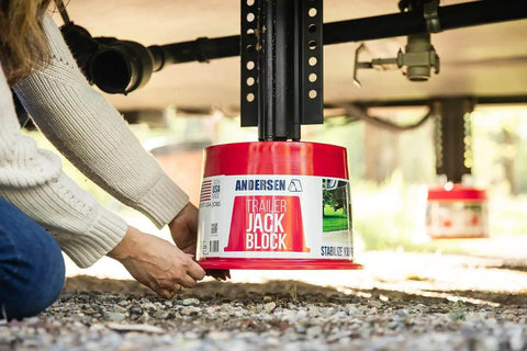 Heavy Duty RV Leveling Block Set 6 Pack With Free Step For Stable Parking, 8 Inch Tall Blocks in use with trailer jack
