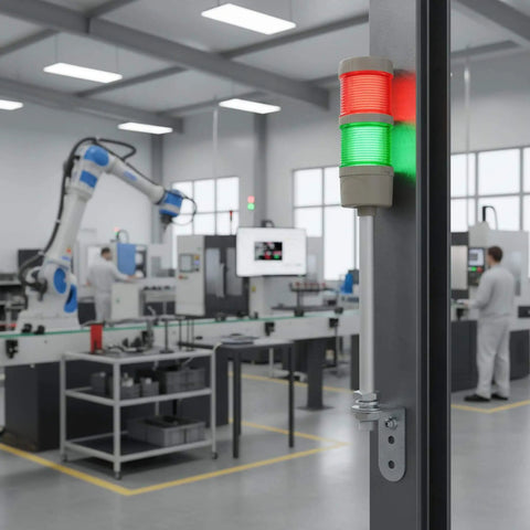 Two-Stack LED Andon Tower Signal Light With Buzzer For Industrial Lines installed on factory equipment, red and green lights on.