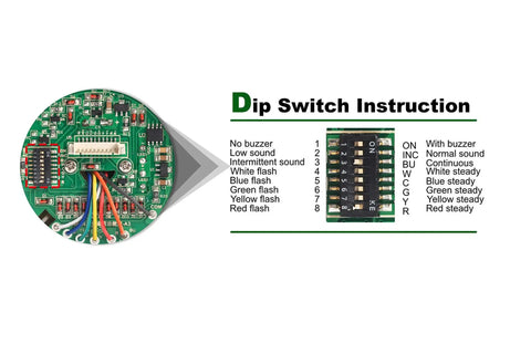 Dip switch instruction for 4 Stack LED Andon Tower Signal Light With Buzzer For Industrial Lines Red Yellow Green Blue On Off Flash ABB