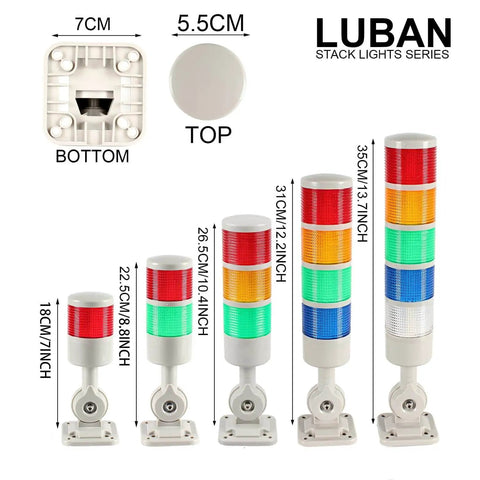 4 Tier Andon Signal Tower Light With Rotatable Base From Luban, Industrial Warning Lamp, five sizes, top and bottom views