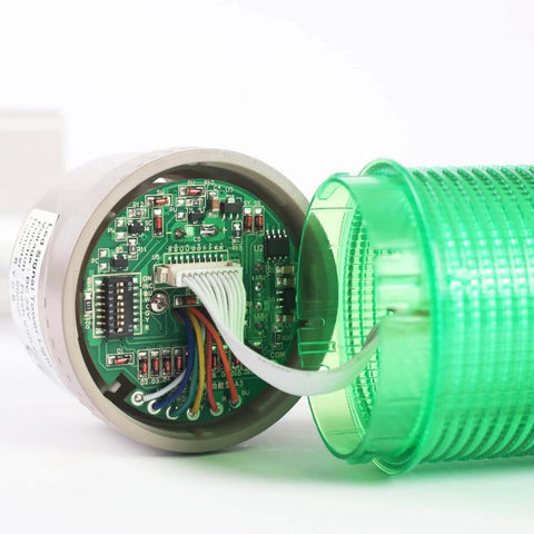 Close-up view of green module on Two-Stack LED Andon Tower Signal Light With Buzzer For Industrial Lines.